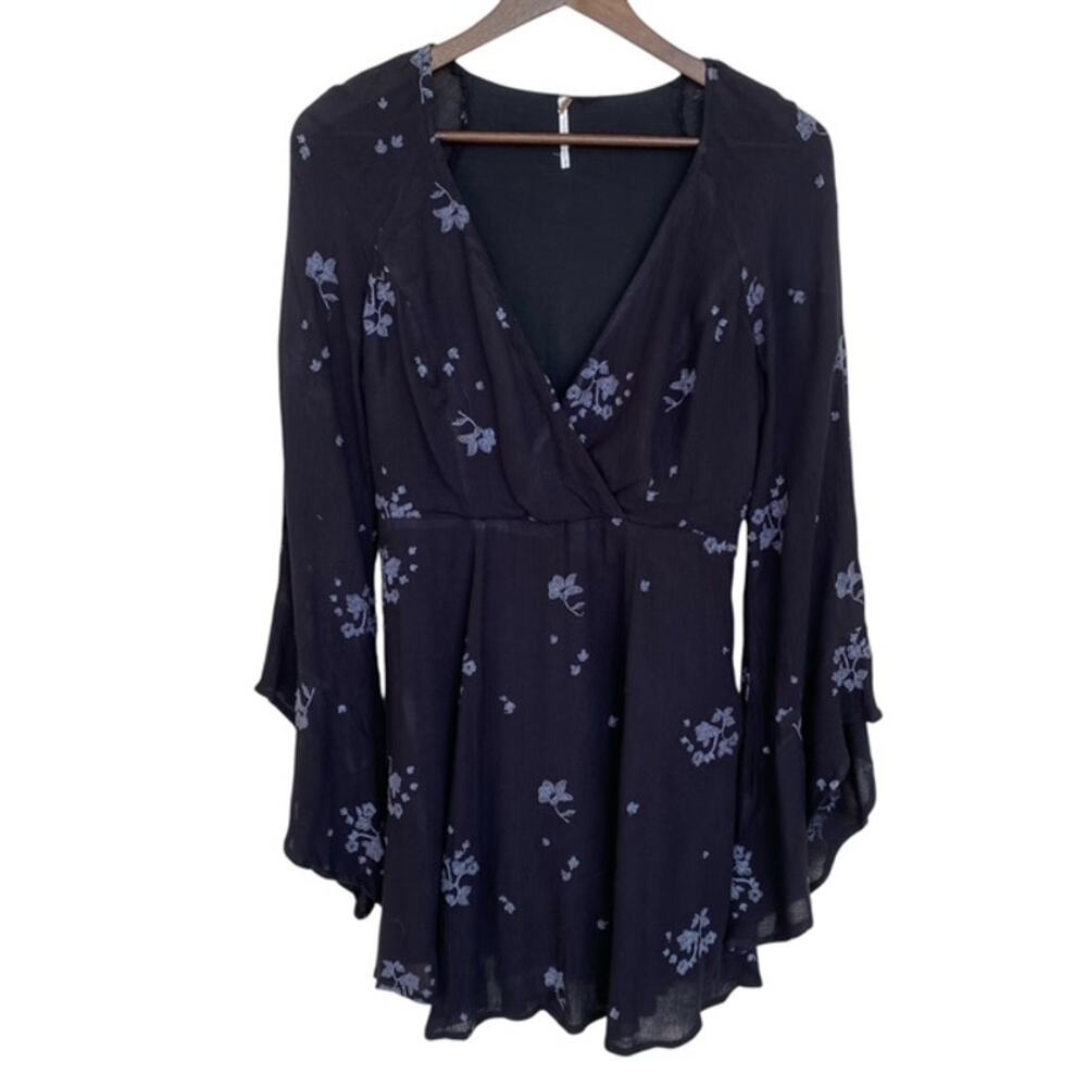 Free People Black with Gray Embroidered Design V-Neck Dress - S